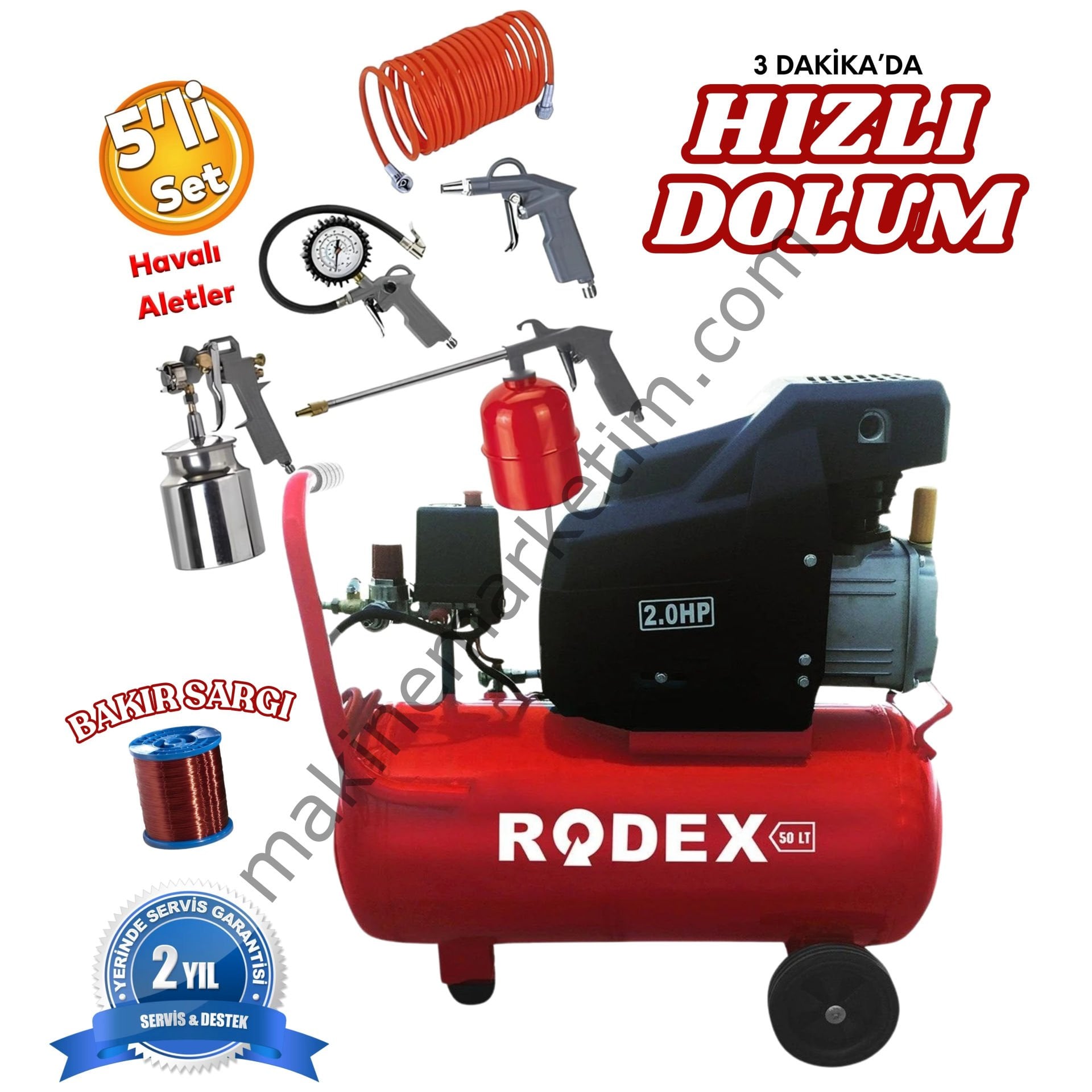 Rodex 50LT Hava Kompresörü Yağlı RDX750 5 Parça Hava Setli